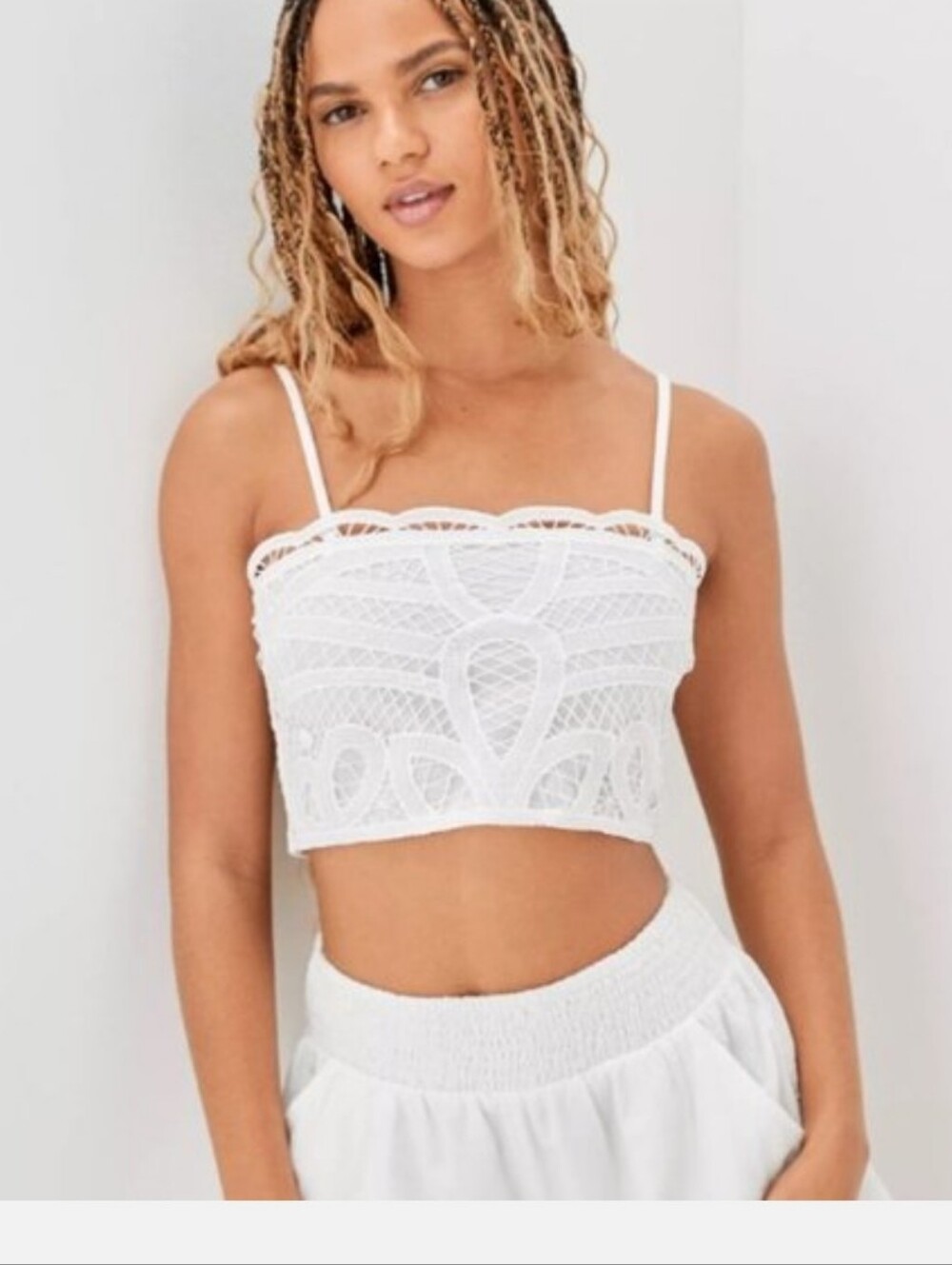 American Eagle White Crop Battenberg Lace Top Size MSmocked Elastic Back